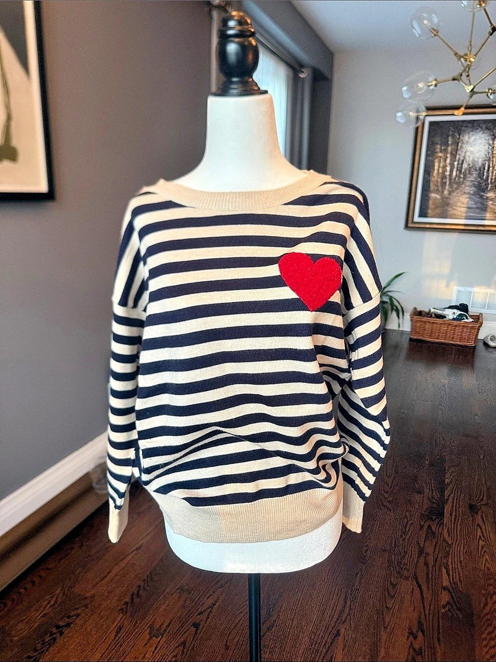 twik Striped Heart Sweater in Blue & Cream Like New